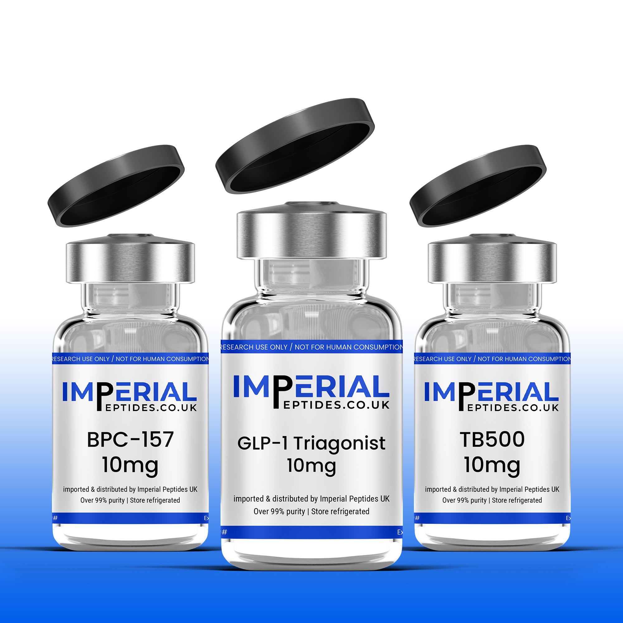 Three vials with Imperial Peptides labels on a white background