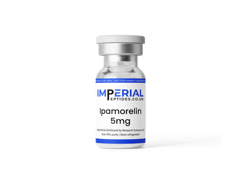 A small glass vial of Imperial Peptides Ipamorelin 5mg, featuring a white label with blue accents and a silver cap, set against a plain white background.