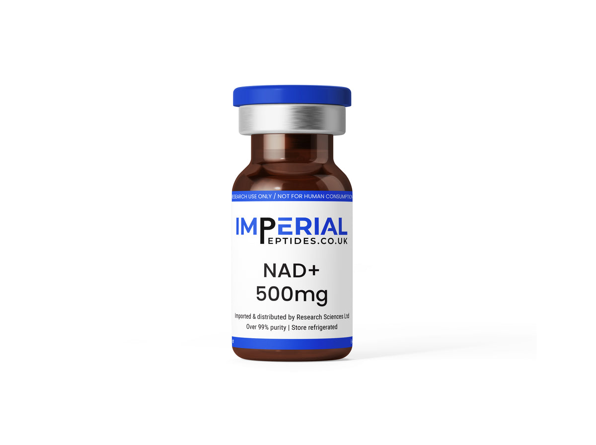 A small amber glass vial with a blue cap and a white label reading 'IMPERIAL PEPTIDES.CO.