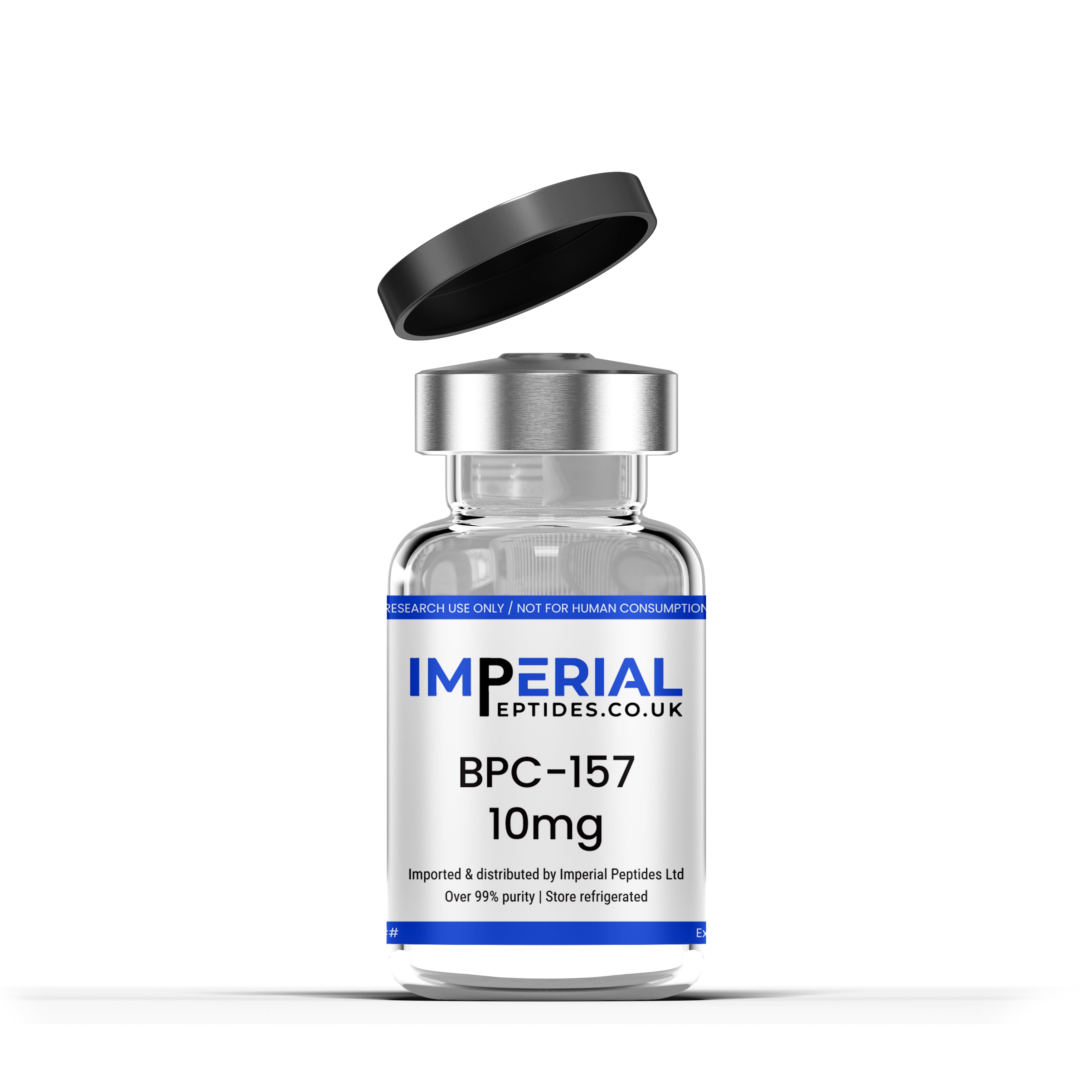 Vial labeled 'BPC-157 10mg' from Imperial Peptides on a white background