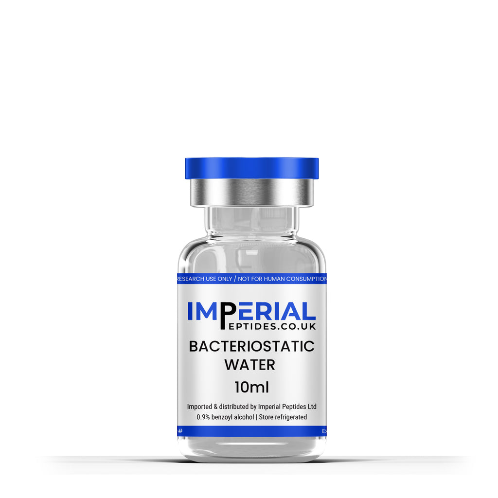 Bacteriostatic water vial with Imperial Peptides label on a white background