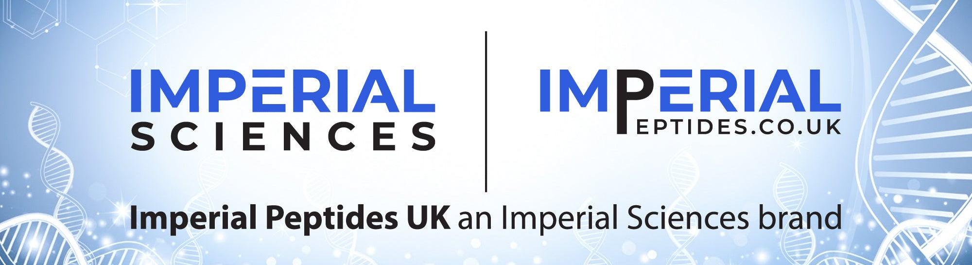 Imperial Sciences logo with Imperial Peptides UK text on a blue background with DNA strands.
