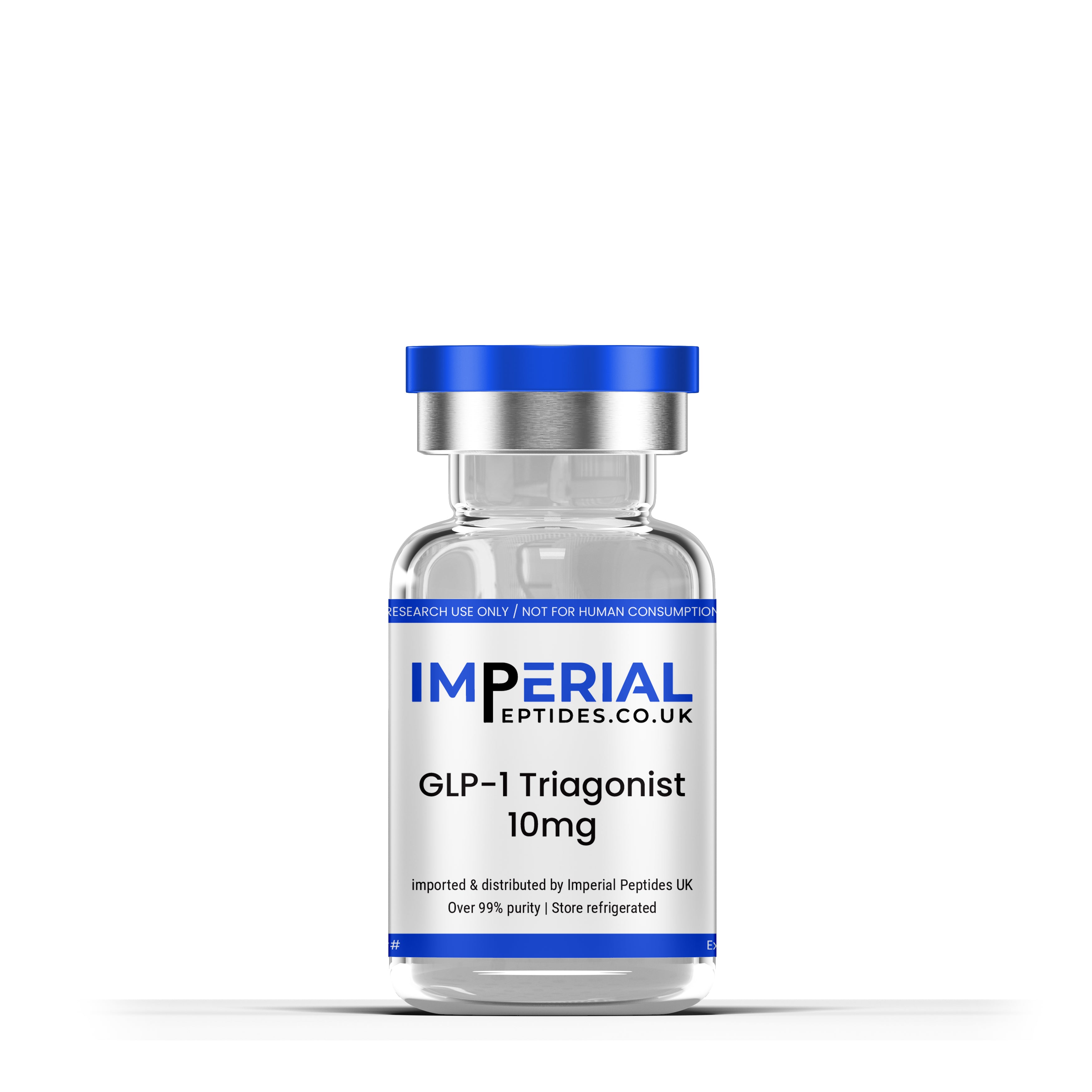 Vial labeled 'Imperial Peptides UK' with 'GLP-1 Triagonist 10mg' on a white background
