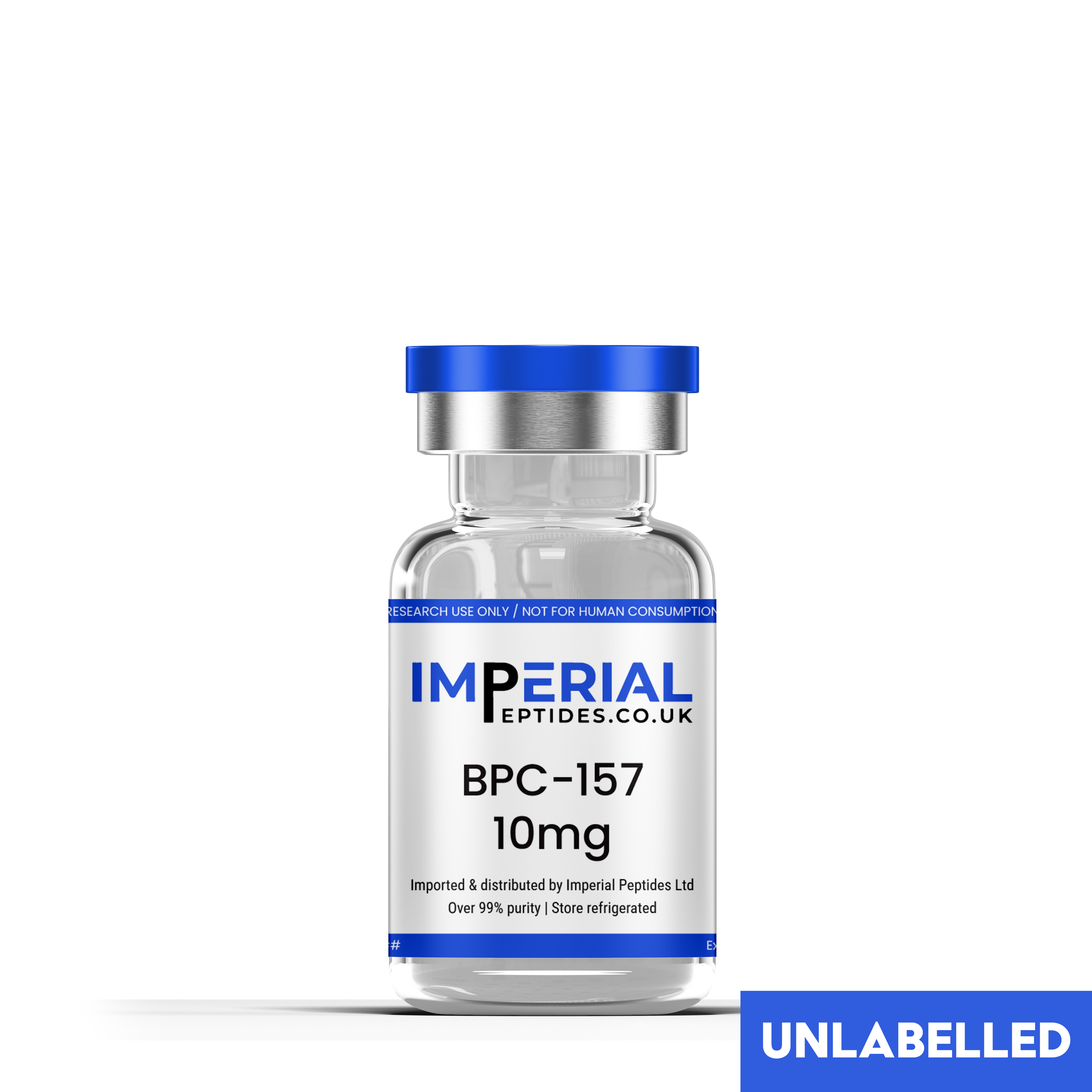 Vial labeled 'Imperial Peptides' with 'BPC-157 10mg' on a white background