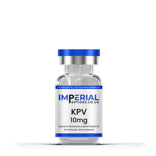 Vial labeled 'KPV 10mg' from Imperial Peptides UK on a white background