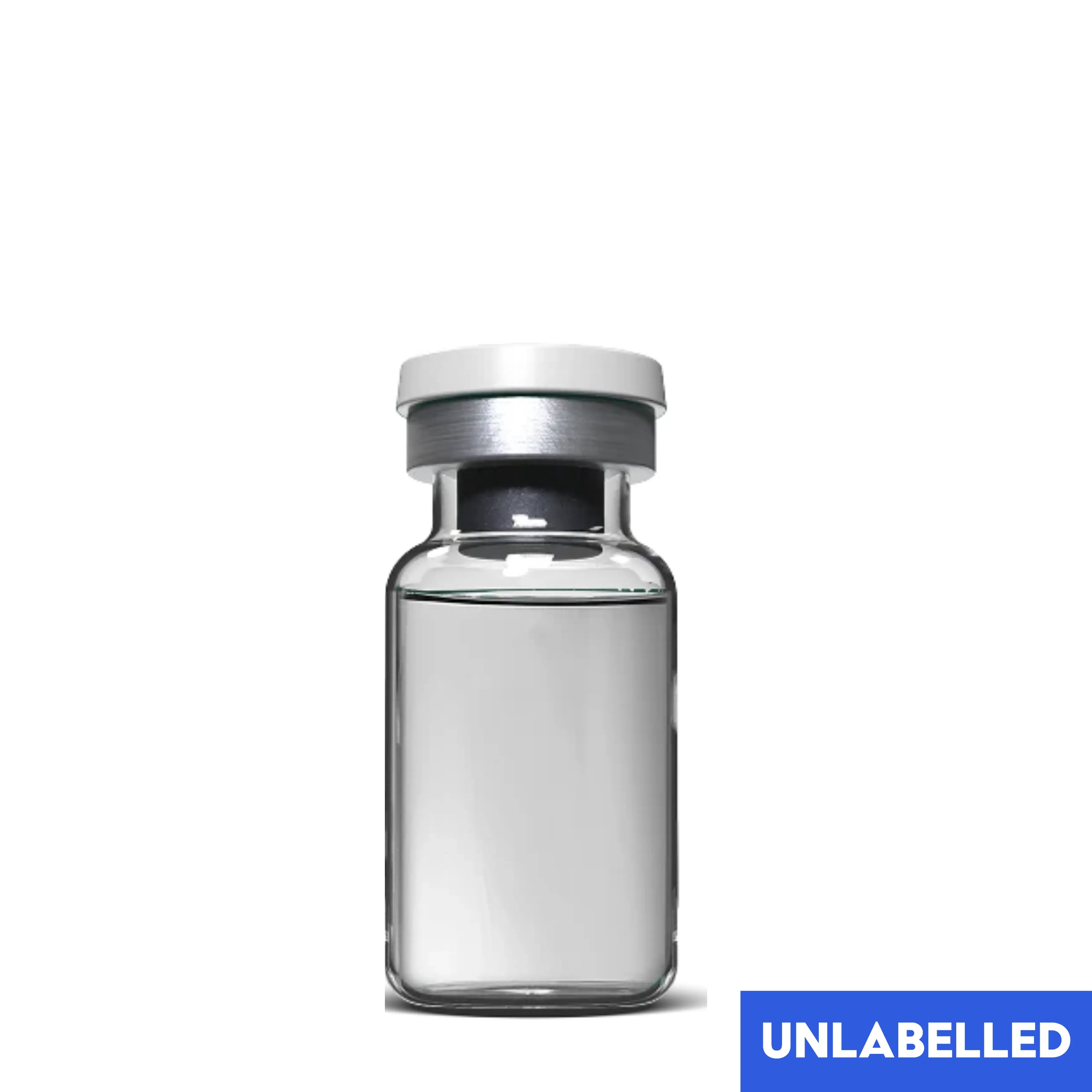 An unlabelled clear glass vial with a white and silver crimped cap, shown on a plain white background with a blue 'UNLABELLED' badge in the bottom right corner.