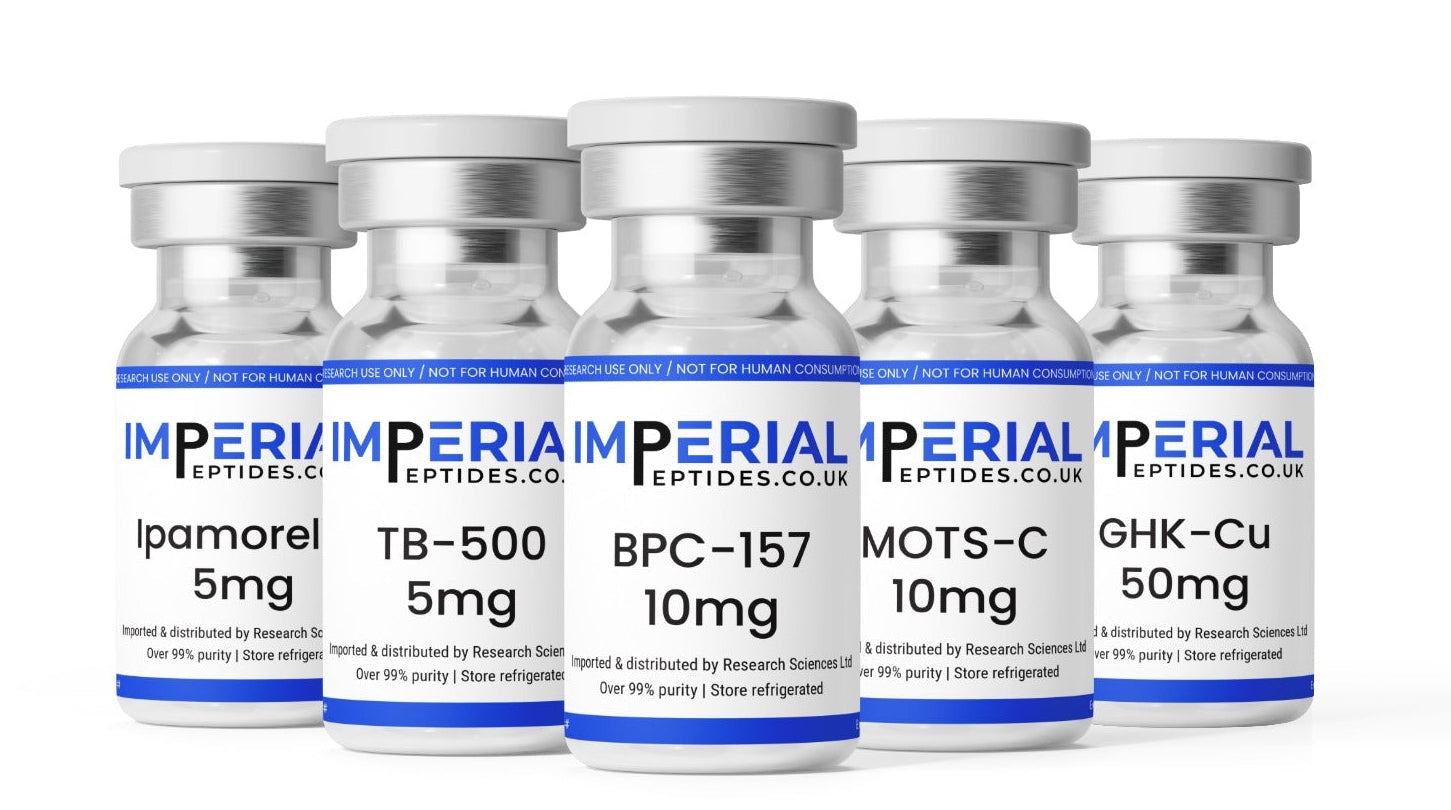 Five small glass vials with silver caps and white labels featuring blue and black text, arranged in a row on a plain white background. The visible brand on the labels is Imperial Peptides.