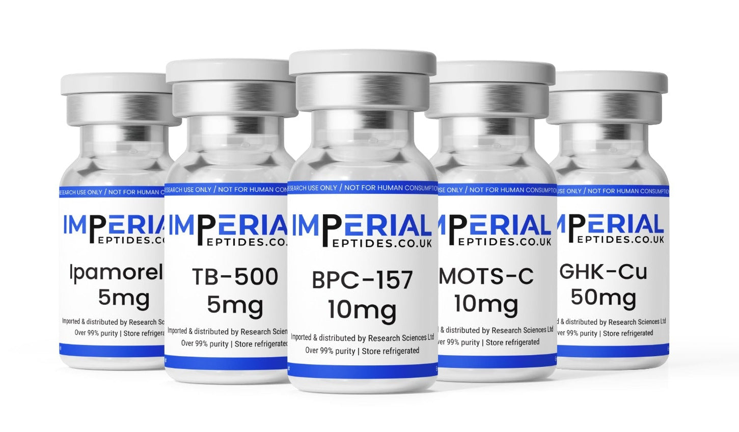 Five small glass vials with silver caps and white labels featuring blue and black text, arranged in a row on a plain white background. The visible brand on the labels is Imperial Peptides.