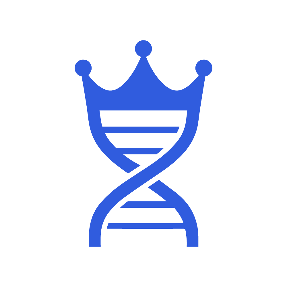 A blue DNA double helix symbol with a crown on top, centered on a plain white background.