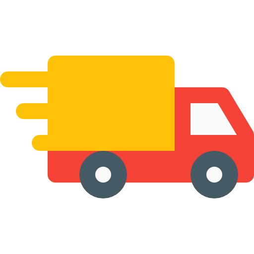 Icon of a red delivery truck with a yellow cargo box on a white background